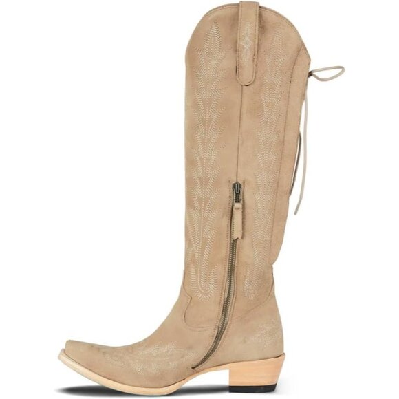 ⚡Women's Beige Knee High Wide Calf Lace Up Embroidered Cowgirl Boots Pull On - Picture 3 of 7